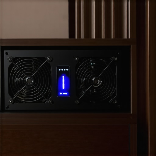 Close-up of a dual-fan cooling system and thermal controller installed in a home theater cabinet.