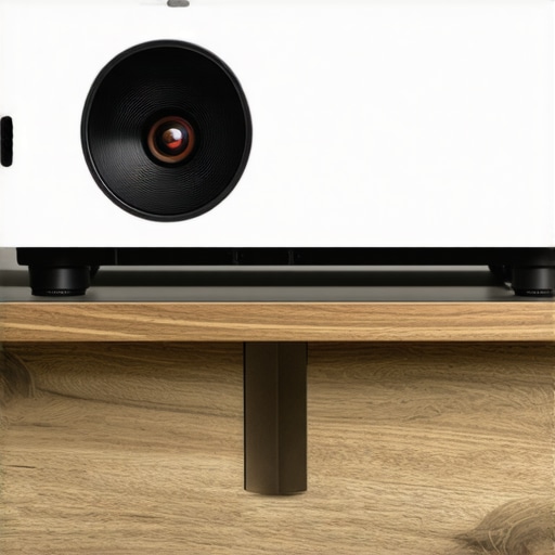 Close-up of a laser projector showing leveling feet for precise image alignment on a media console.