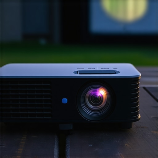 Backyard Projector Hardware and Port Details A close-up view of a budget portable projector being prepared for an outdoor cinema night.