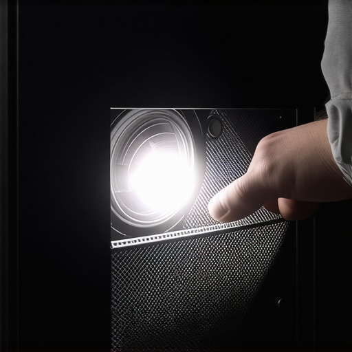 A hand removing a fine mesh dust filter from a high-end 4k projector intake vent.