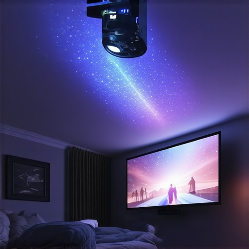 Compact 4K Laser Projector Installation Close-up of a ceiling-mounted 4K laser projector in a small home cinema room