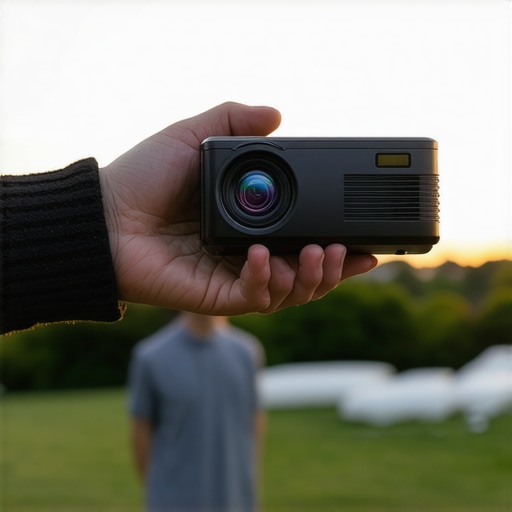 Close up of a high-end portable projector showing metallic finish and compact design for travel.