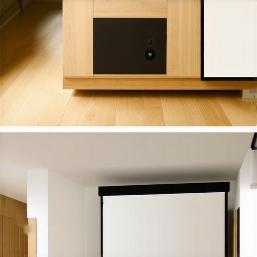 Comparing DIY UST Cabinets to Traditional Projector Setups A comparison showing the aesthetic difference between a hidden UST cabinet and a traditional ceiling-mounted projector.