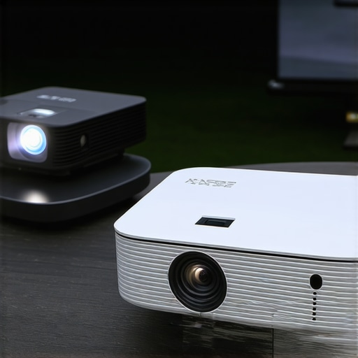 Comparing Portable Projector Sizes and Cooling Side by side comparison of a small portable projector and a large 4K laser projector on an outdoor patio at night.