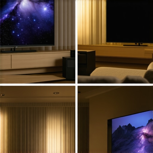 A comparison showing a large TV next to a massive 120 inch projector screen to demonstrate theater scale.