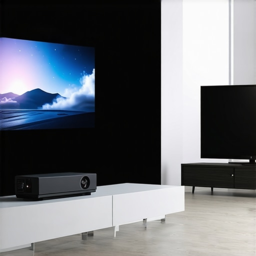 Minimalist living room setup comparing a large UST projector screen to a smaller mounted flat-screen TV.
