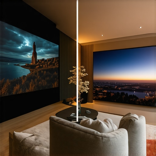 Comparing UST Projector Scale to a Standard Large TV A 120-inch projection screen next to a 75-inch LED TV showing the difference in home theater immersion.