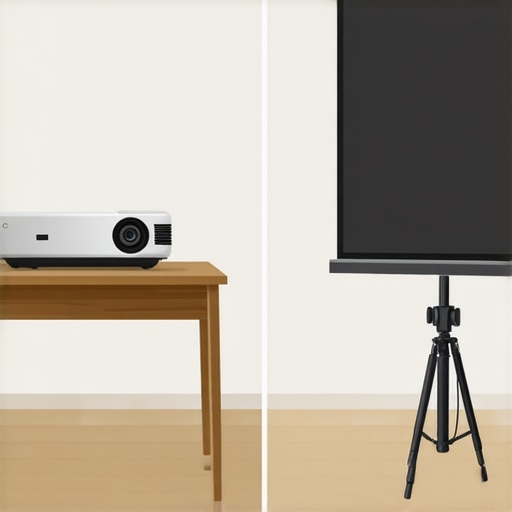 A visual comparison between an ultra-short throw projector and a portable tripod-mounted projector in a home theater setting.