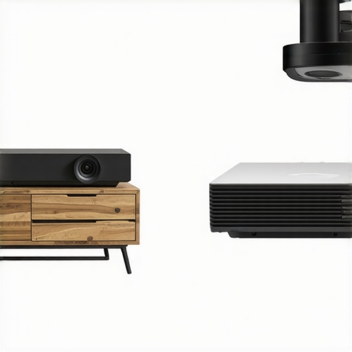 A side-by-side visual comparison of a modern UST projector and a traditional long-throw ceiling mounted unit.