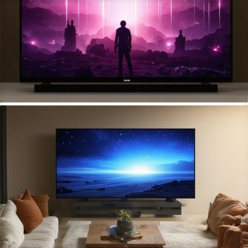 A visual comparison between a massive 4K laser projector screen and a standard large-screen OLED television in a dark home theater.