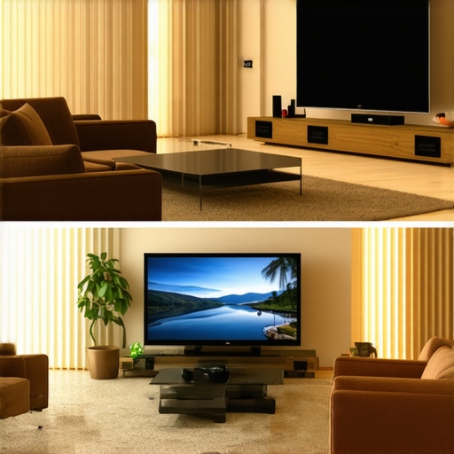 Visual comparison between a traditional large TV setup and a hidden UST projector coffee table setup.