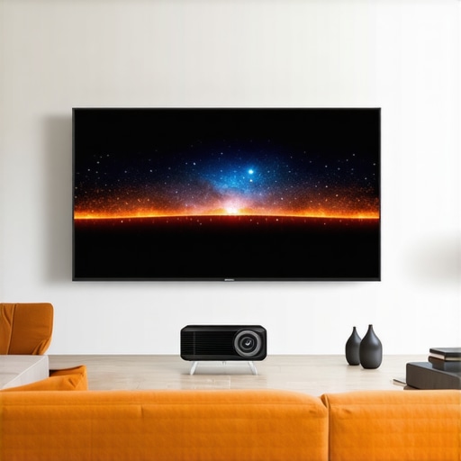 A visual comparison showing a 120-inch projector image next to an 85-inch television in a home theater setting.
