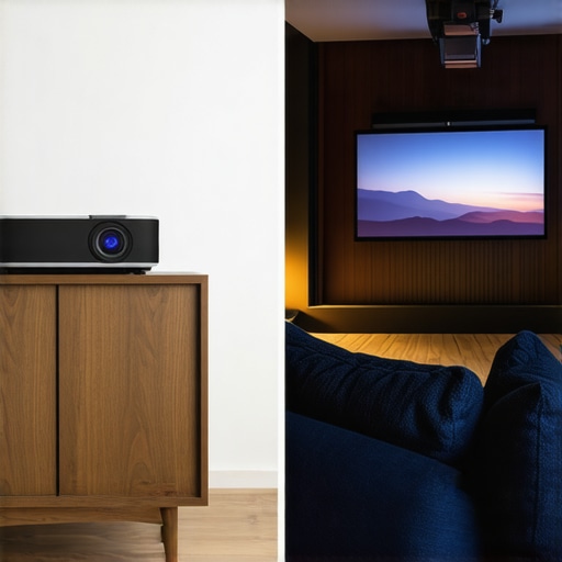 Comparison of UST and Long Throw Projector Placements A split image showing the difference between an ultra-short throw projector and a traditional ceiling mount projector setup.