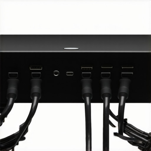Cramped HDMI Connection Port View Close up of soundbar rear ports with thick HDMI cables showing tight fitment issues.