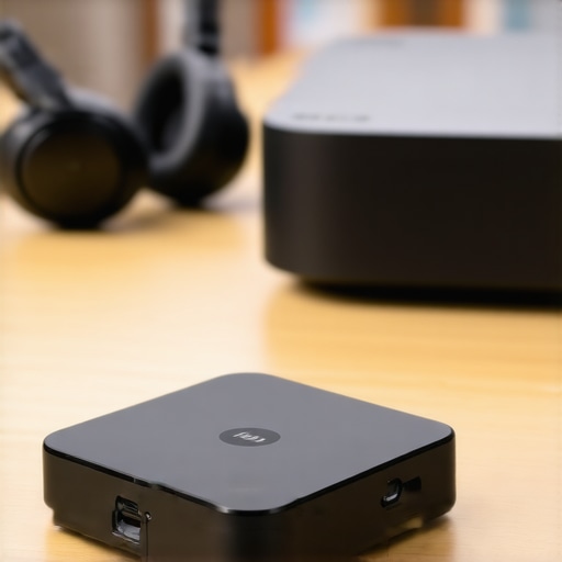 Dual Link Bluetooth Transmitter for Home Cinema Compact Bluetooth transmitter connected to a UST projector for dual headphone use in a home theater.