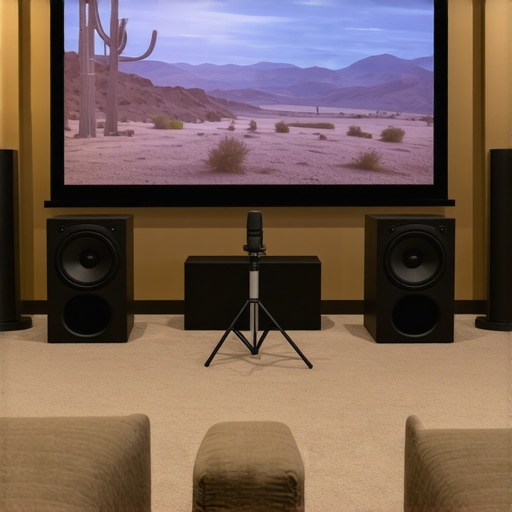 A professional home theater setup showing two subwoofers and a calibration microphone in front of a projector screen.