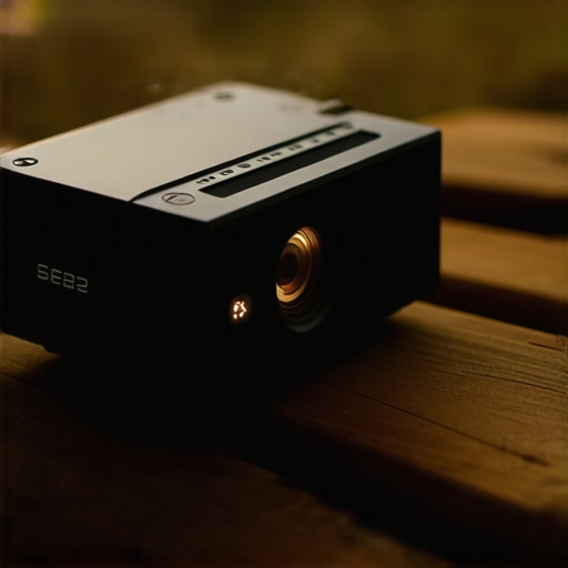 Durable Portable Projector Hardware Close-up Close-up of a high-quality portable projector showing build materials and lens details in an outdoor setting.
