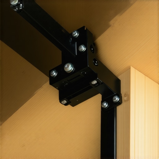 Close-up of a professional-grade steel projector mount installed on a slanted wooden ceiling.
