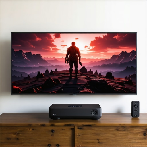 A professional 4K laser projector displaying a gaming interface on a massive wall.