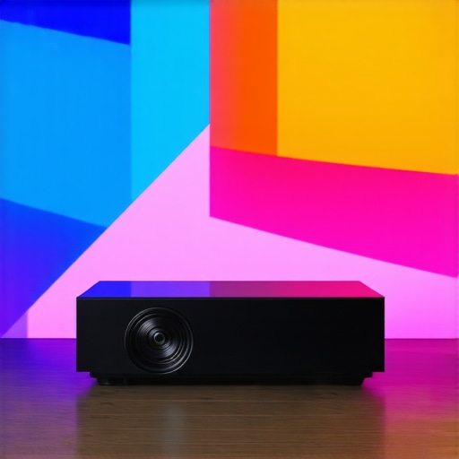 A premium 4K ultra short throw laser projector displaying a vibrant color pattern in a home theater setting.
