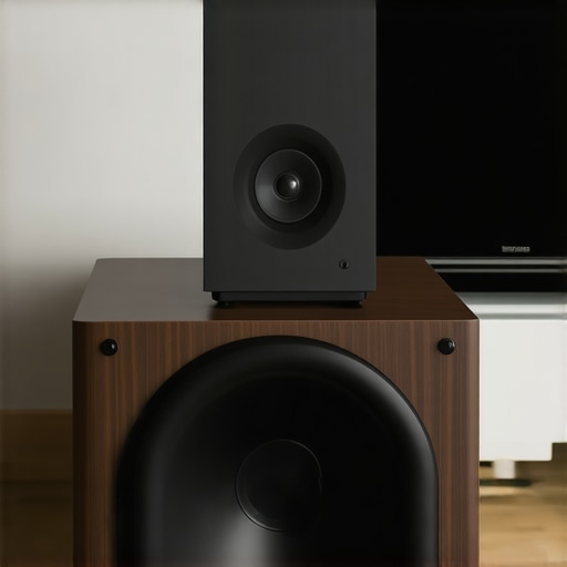 High-End Compact Audio Components A close-up of a high-quality satellite speaker and compact subwoofer in a small room theater setup.