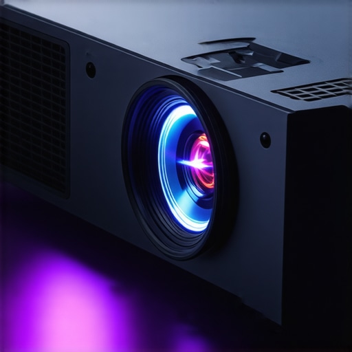 High-End Triple Laser Projector Lens Detail A close-up of a premium 4K laser projector showing the lens and cooling system.