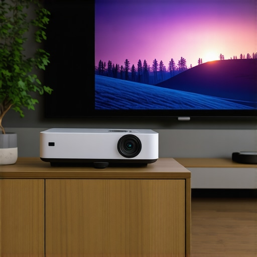 A premium ultra-short-throw projector in a minimalist home theater environment showing 4K content.