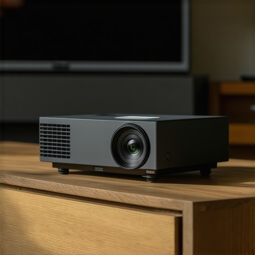 High-End UST Projector Lens and Cooling Vents Close-up shot of a high-end ultra-short throw laser projector displaying its cooling system and lens design.