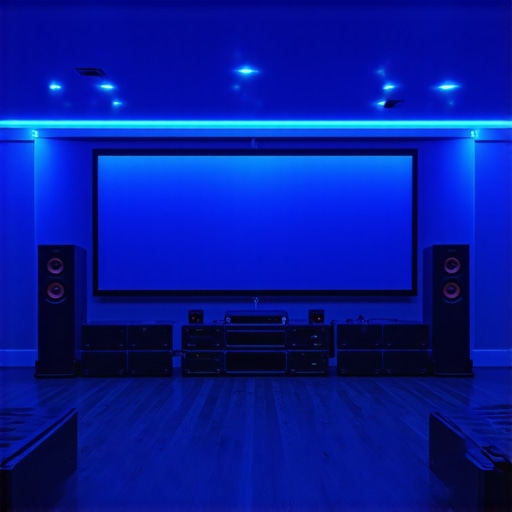 High-Performance 5.1 Audio Setup for 4K Home Cinema A complete 5.1 surround sound system integrated with a large projector screen in a home theater.