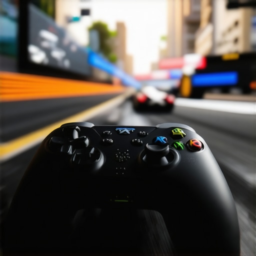 A gaming controller in focus with a sharp 4K projector screen displaying a racing game in the background.