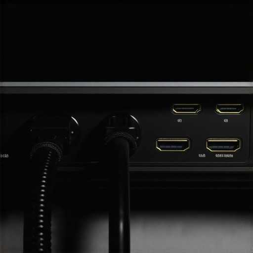 Close-up of HDMI 2.1 cables connected to a 4K laser projector with professional cable routing.
