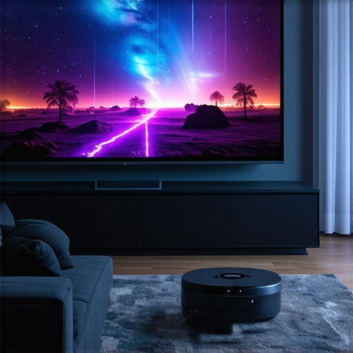 High-Performance UST Projector in a Real-World Living Room Ultra short throw projector displaying a bright image on an ALR screen in a living room.