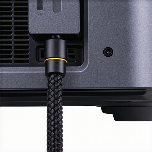 Premium HDMI 2.1 cable plugged into a 4K laser projector showing high-quality build and shielding.