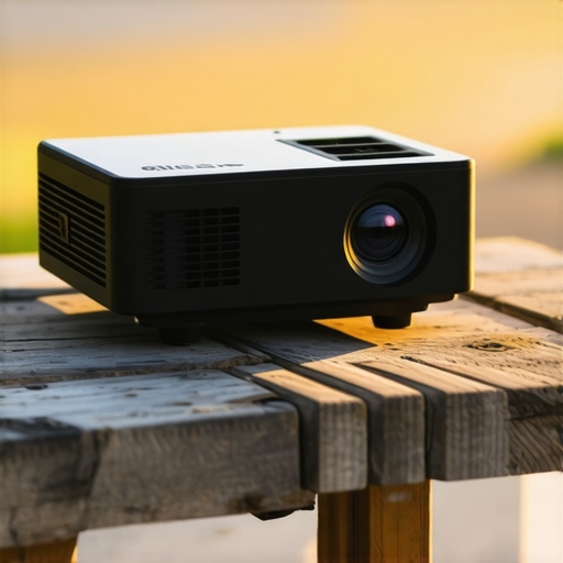Industrial Build Quality of Outdoor Projectors A ruggedized portable projector with reinforced chassis and rubberized grip on a wooden surface.