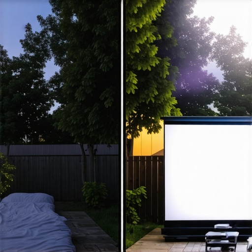 Comparison of image quality between a cheap budget projector and a high-end 4K laser projector on an outdoor canvas screen.