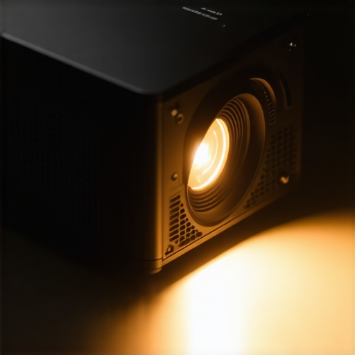 A high-end 4K laser projector during a performance stress test showing cooling vents and light output.