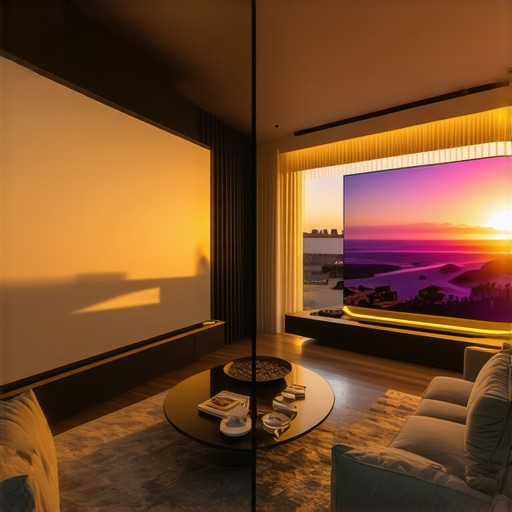 Laser Projector vs OLED TV Comparison Comparing a large screen projector setup to a high-end television in a bright room.