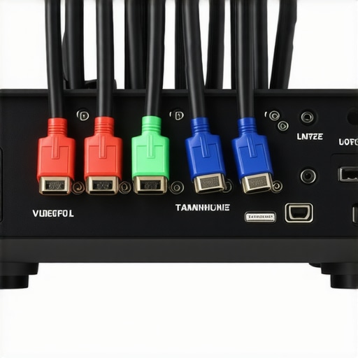 A detailed shot of a projector back panel with gaming adapters and cables connected.