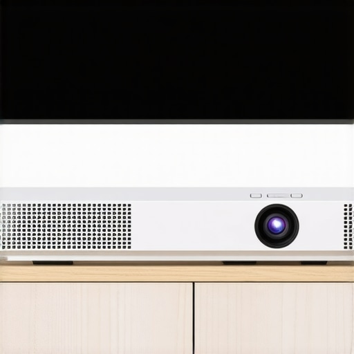A modern mesh Wi-Fi node placed next to an ultra-short throw projector to ensure stable 4K streaming.