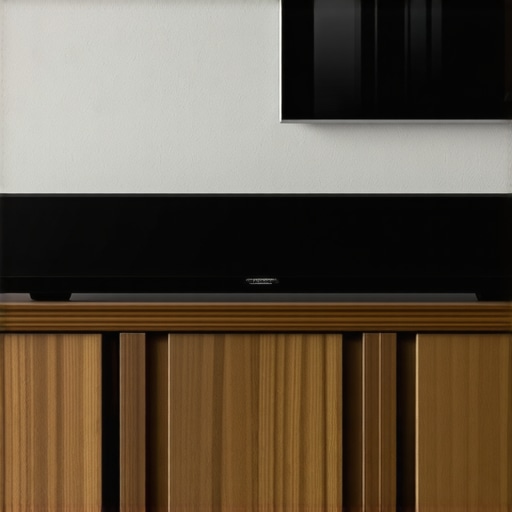 Side view of a slim soundbar placed in front of a UST projector to avoid casting shadows on the screen.