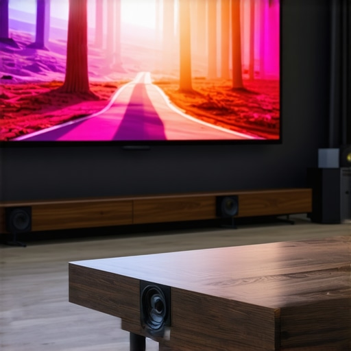 Modern 4K Laser Projector and 5.1 Home Theater Setup A high-quality 4K laser projector and surround sound system in a contemporary living room environment.