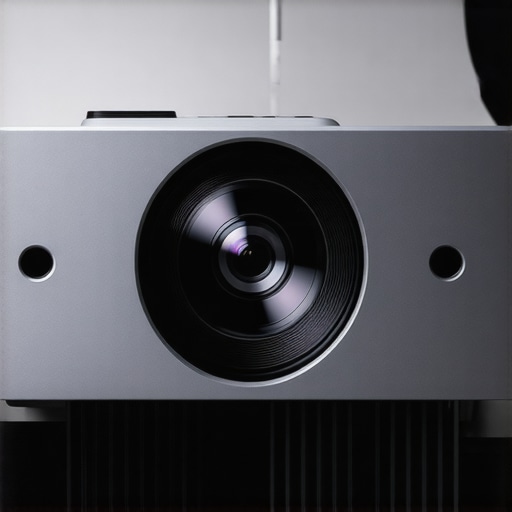 Close up of a premium aluminum laser projector chassis and lens
