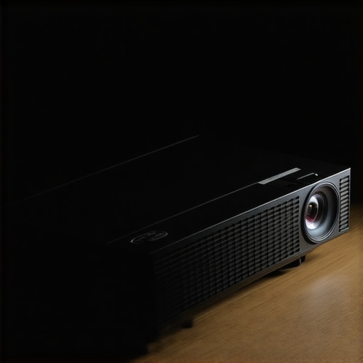 Close-up of a premium 4k laser projector lens and chassis in a home theater setting.