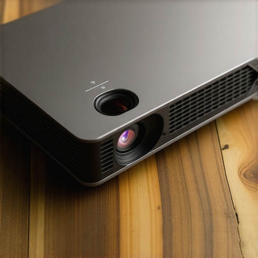 Close-up of a premium portable projector showcasing build quality and lens detail on a wooden surface.