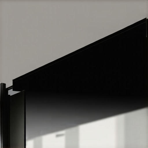 Close-up of a motorized recessed projector screen showing the tab-tensioning system and ceiling installation.