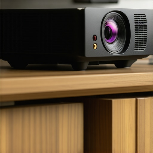 A close-up of a high-end ultra-short throw laser projector showing its industrial design and lens.