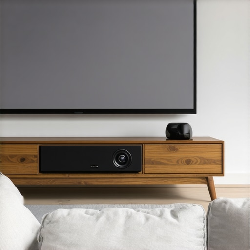 A high-end UST projector displaying a 4k movie on a large screen in a contemporary home theater.