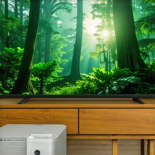 Ultra short throw laser projector setup in a modern living room showing a 120-inch 4k display.