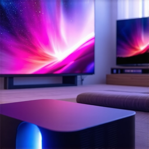 Modern UST Projector Setup in Living Room High-end ultra short throw projector displaying 4K content on an ambient light rejecting screen.