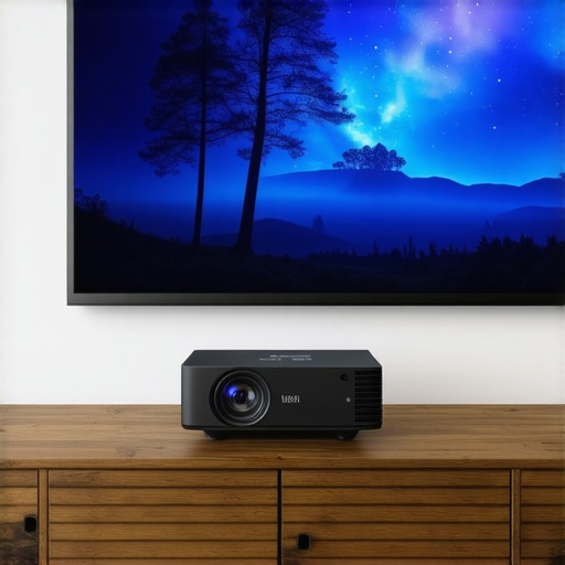 Modern UST Projector Setup High-end ultra short throw laser projector setup in a modern living room